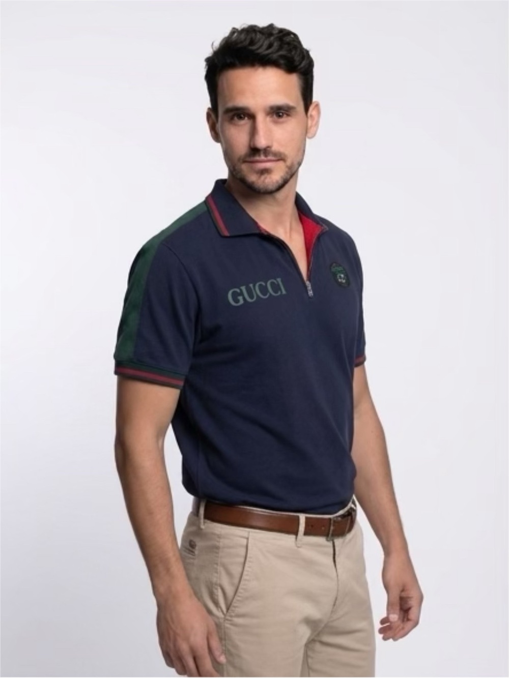 Gucci Navy Polo with Green and Red Shoulder Stripe